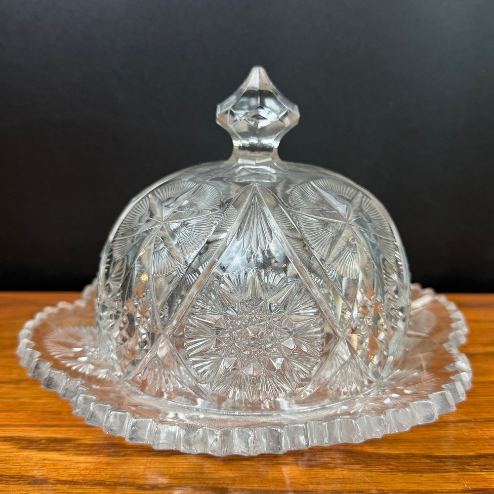 Vintage Cut Glass Cheese or Butter Dish Pinwheel Starburst 7.5" Broken Plate